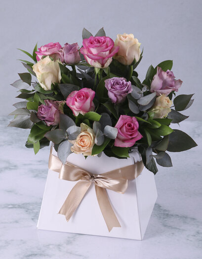 Mixed Pastel Roses In White Box